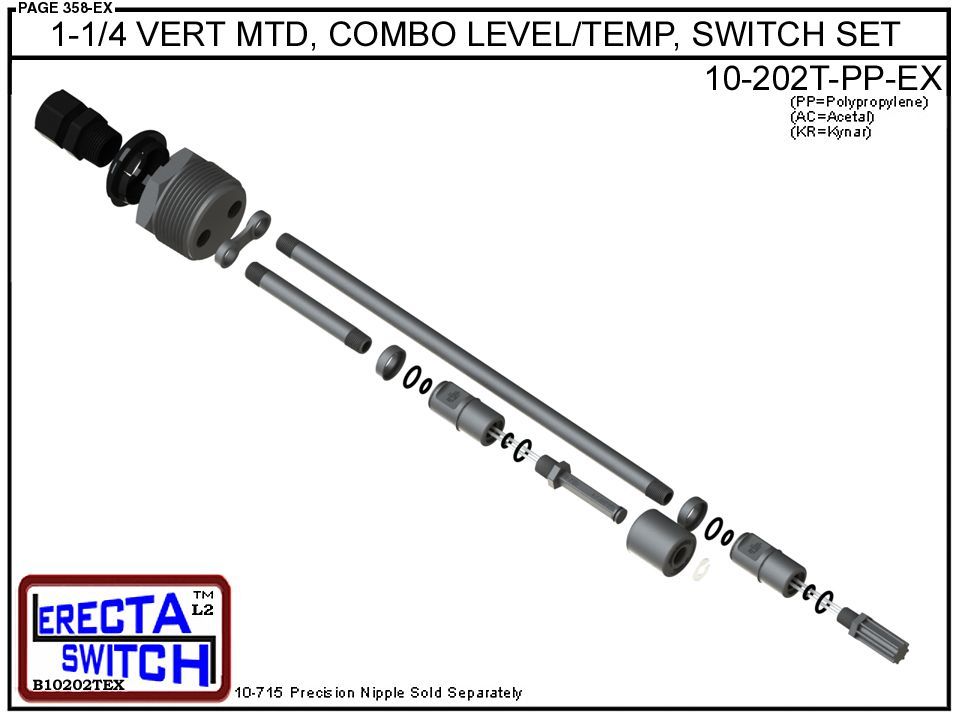 10-202T-PP 1-1/4 Vertical Mounted Combination Level Switch / Temperature Switch Set (Polypropylene) - Image 4