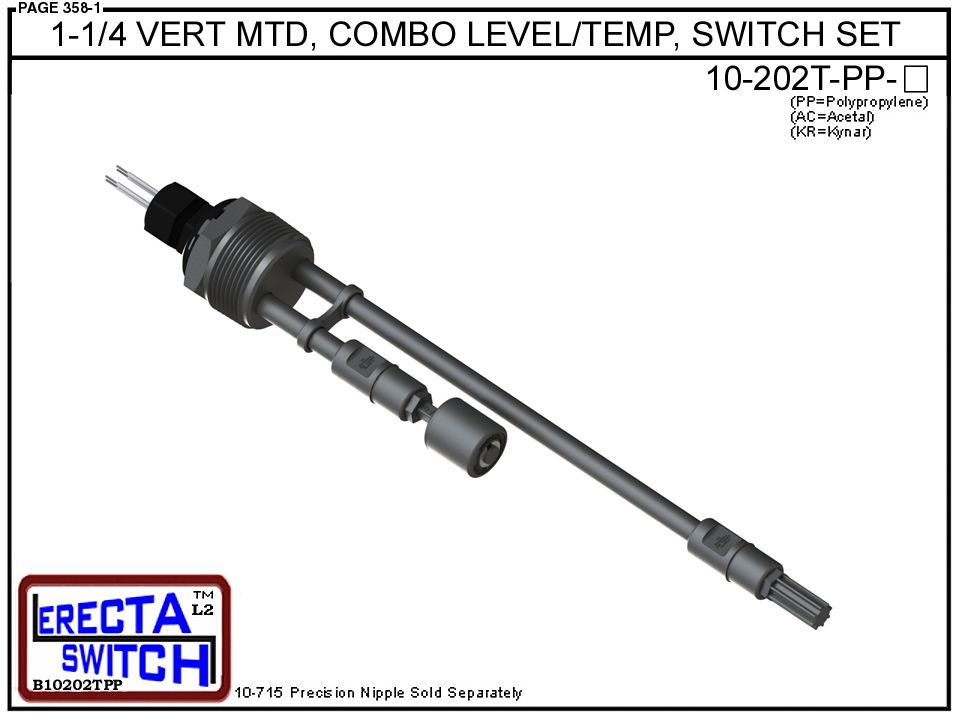 10-202T-PP 1-1/4 Vertical Mounted Combination Level Switch / Temperature Switch Set (Polypropylene) - Image 2