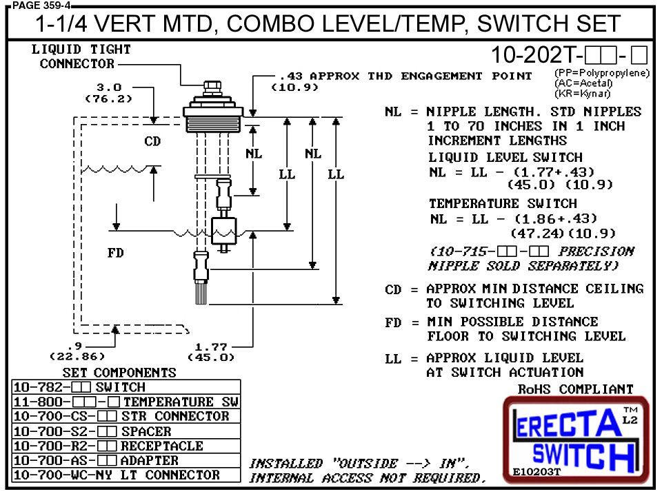 10-203T-PP 2" Vertical Mounted Combination Level Switch / Temperature Switch Set (Polypropylene) - OEM 10 Pack - Image 3